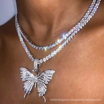 Fashion Hiphop Diamond Cuban Link Pink Butterfly Necklace Pendant Chain